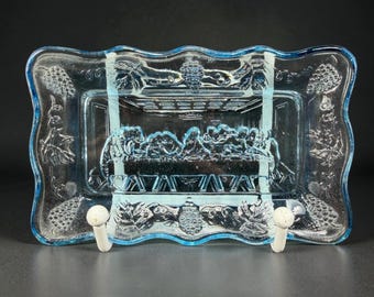 Vintage Indiana Tiara Glass Blue Last Supper Trinket Dish Scalloped Tray Grape