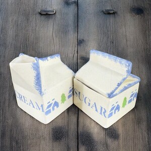 Vintage 1980s Painted Ceramic Sugar And Creamer Set Signed Milk Carton Shaped