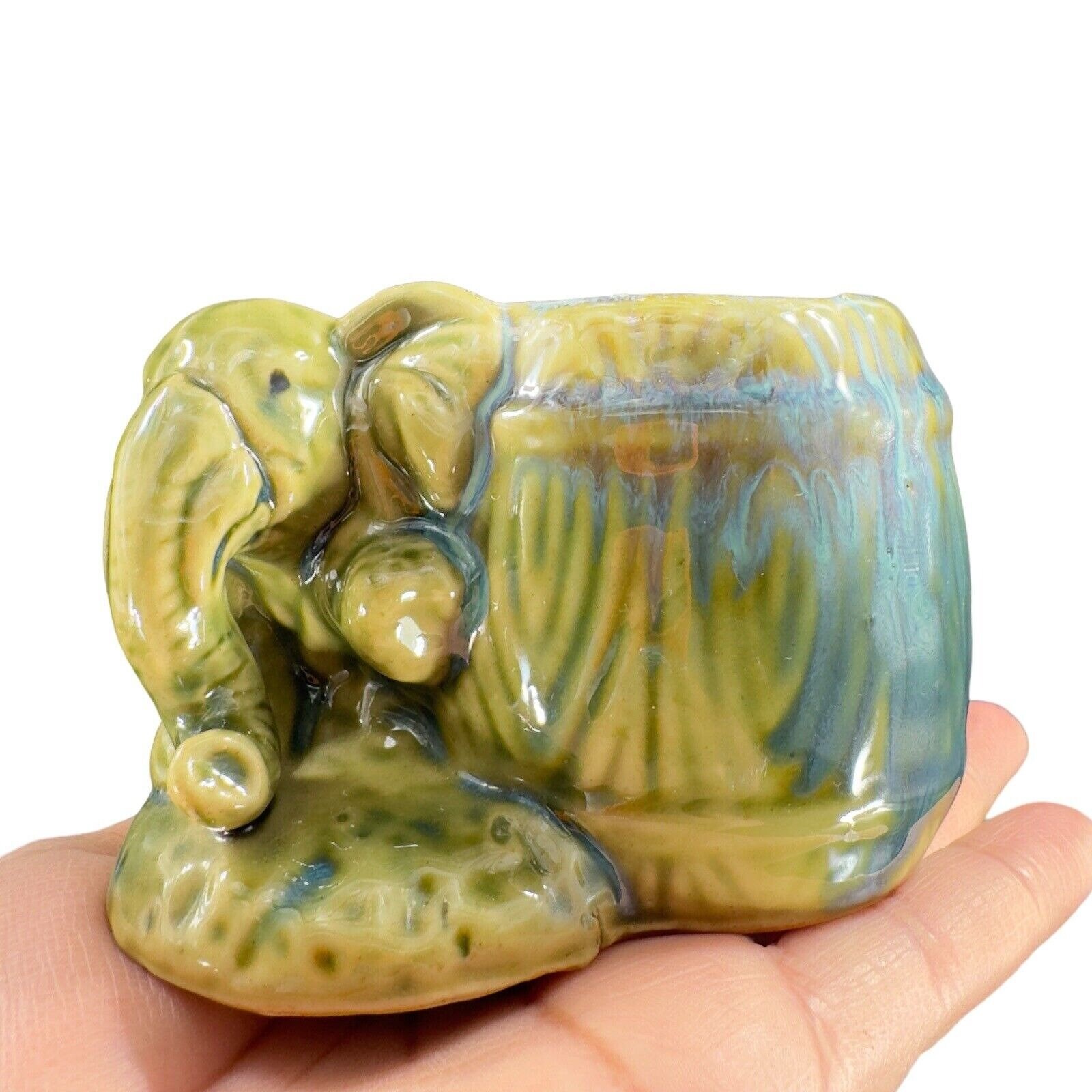 Vintage Majolica Style Pottery Green Elephant Vase Planter Drip Glaze ...