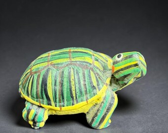 Miniature Painted Resin Turtle Figurine Green Yellow Striped Red Eared Slider 1"