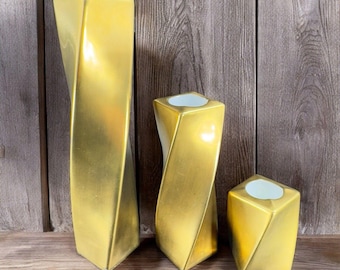Mid Century Gold Painted Porcelain Candle Stick Holder Votive Set 3 Japan VTG