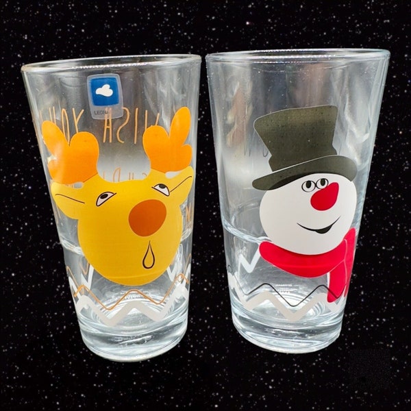 Vintage Leonardo Christmas Glasses Set 2 Reindeer Snowman Tumbler 5”T 3”W