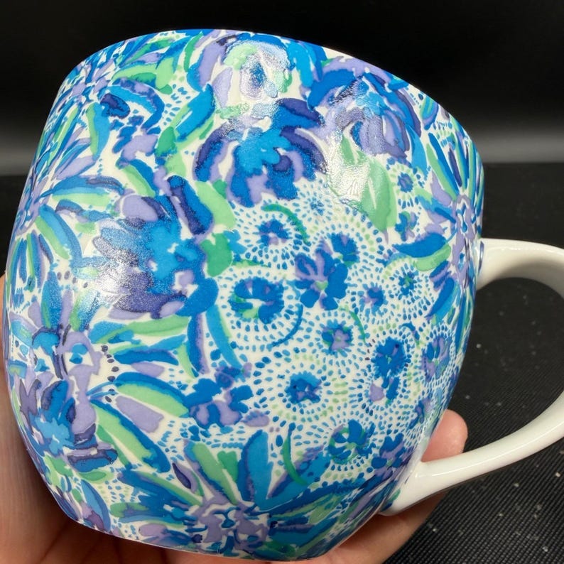 Lilly Pulitzer Blue Floral Ceramic Coffee Mug Cup Oversized Gold Accent Tea Cup image 6