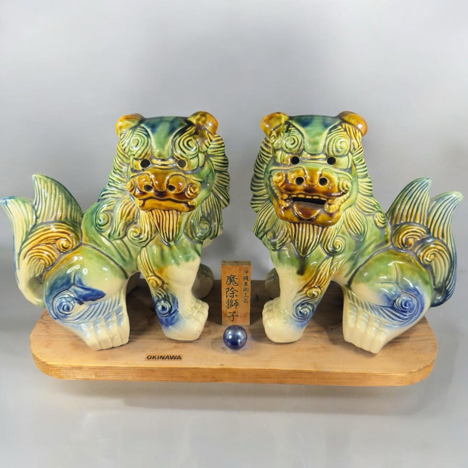 Okinawa Foo Dog Shisa Lion Dog Figurines Pair Japan Ceramic
