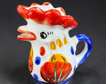 Vintage Hand Painted Ceramic Rooster Creamer Pitcher Multi Color Polka Dot 3in