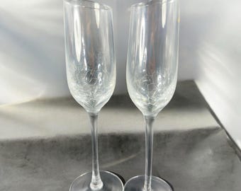 Pier 1 Clear Glass Crackle Angled Rim Goblet Drinking Glasses Cups Flutes Set  2