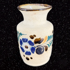 Vintage Mexico Folk Art Pottery Vase Ceramic Hand Painted Marked Floral 4&quot;T 2.5&quot;