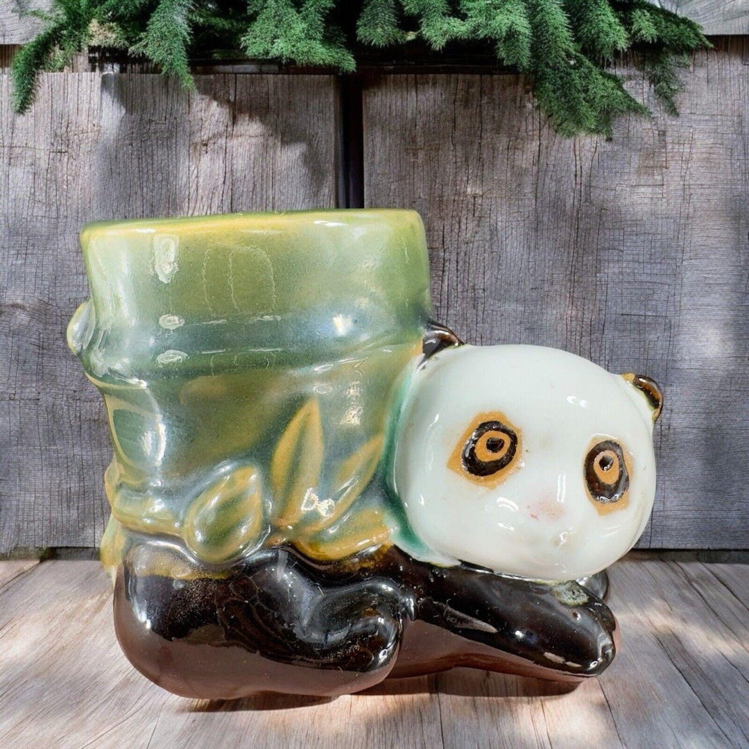Vintage Majolica Style Ceramic Panda Bear With Bamboo Planter Small ...