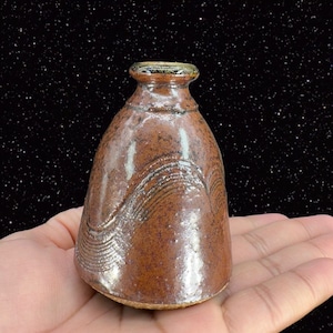 Vintage Pottery Vase Brown Glaze Etched Pottery Bud Vase Hand Made Stoneware 3&quot;T