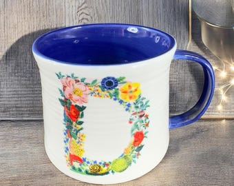 Anthropologie Nathalie Lete Mug Monogram Floral Blue Dog Letter D Ceramic Cup