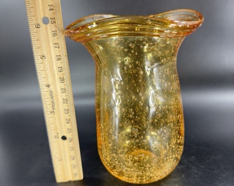 Yellow Amber Art Glass Vase With Small Bubbles Wavy Ruffled Top