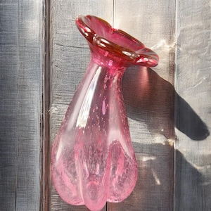 Large Art Glass Vase Vessel Pink Flower Shape Vas With Air Bubbles All Over Vase