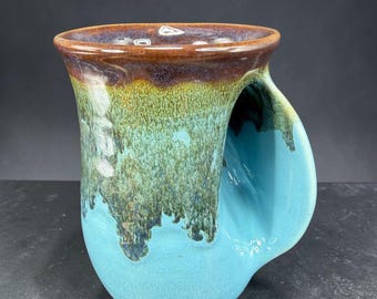 Neher Studio Pottery Hand Warmer Mug Right Handed Blue Green Drip Glaze Ceramic