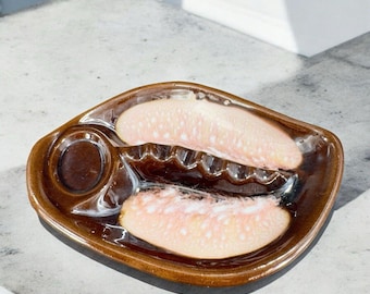 1960s Mid Century Art Pottery Leaf Shaped Ashtray RedWare Ceramic Brown Pink VTG