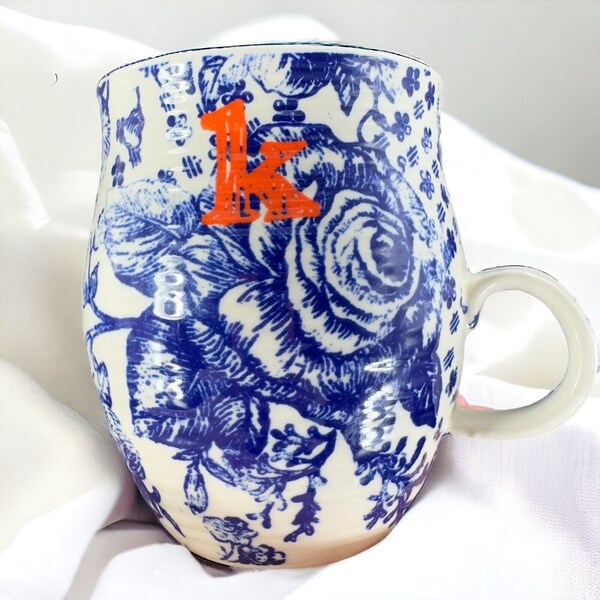 Anthropologie Monogram Letter K Initial Blue Floral Ceramic Coffee Mug Cup