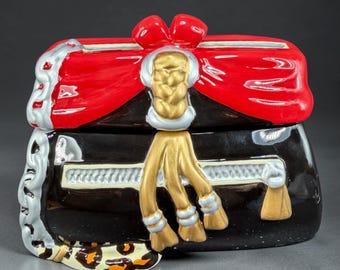 David's Cookies Ceramic Handbag Cookie Jar Container Purse Black Red Bow Tassels