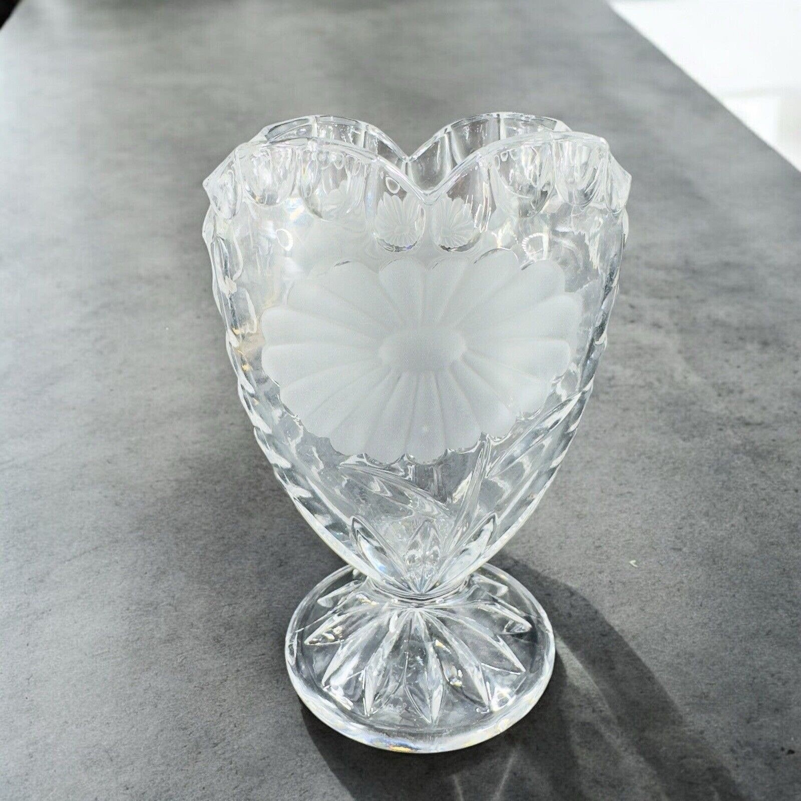 Vintage Clear Crystal Glass Vase Heart Shaped Etched Flower Double