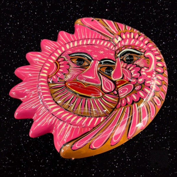 Hand Made Mexican Pottery Wall Hanging Decor Pink Moon And Sun Redware Decor