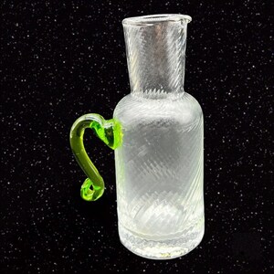 Vintage Clear Optical Clear Pitcher With Green Handle Jug Vase Art Glass 4.75”T