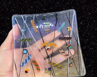 Vintage Fused Art Glass Square Dish Plate With Iridescent Candy Fused Signed