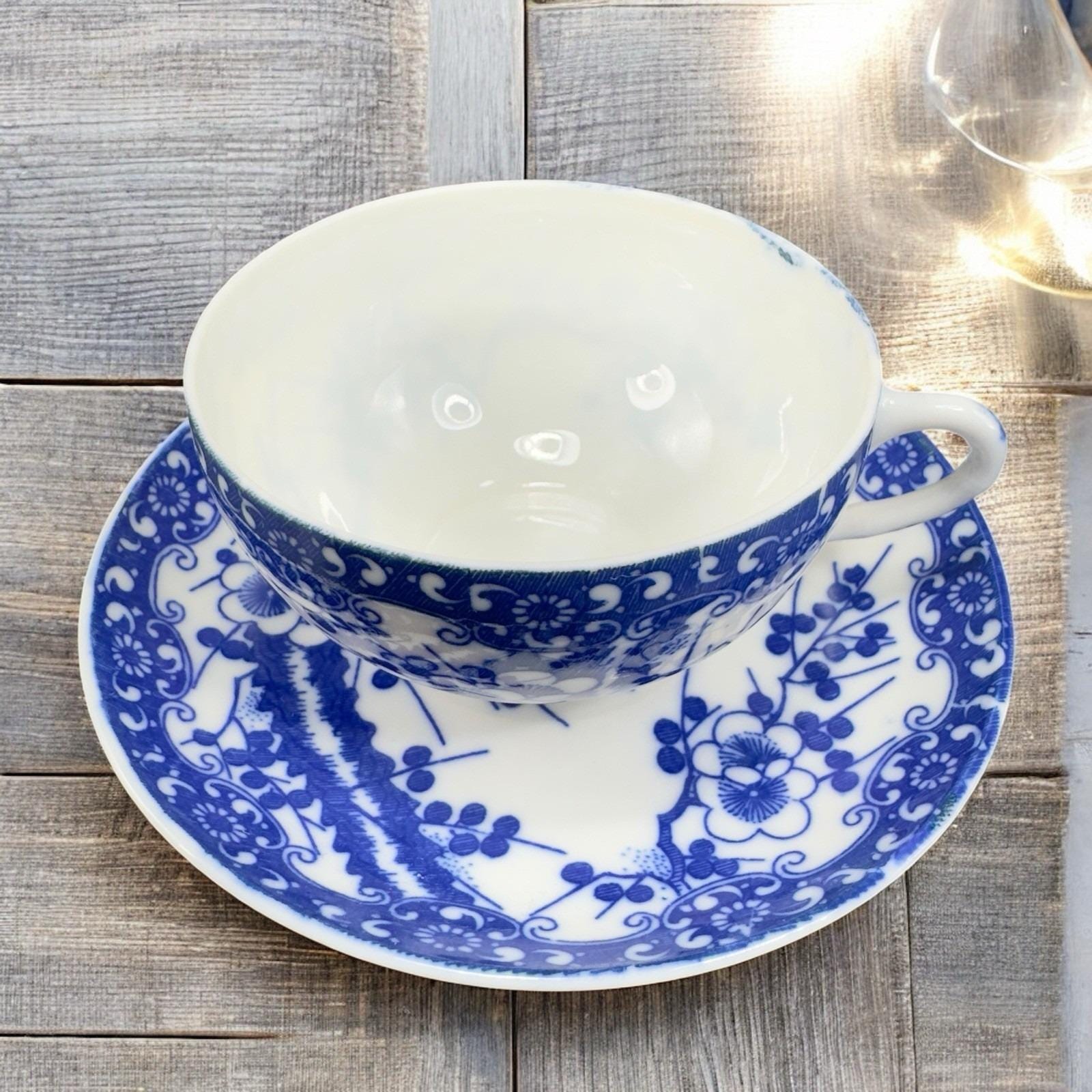 Antique Meiji Blue Cherry Blossom Tea Cup Saucer Plate Set Japan
