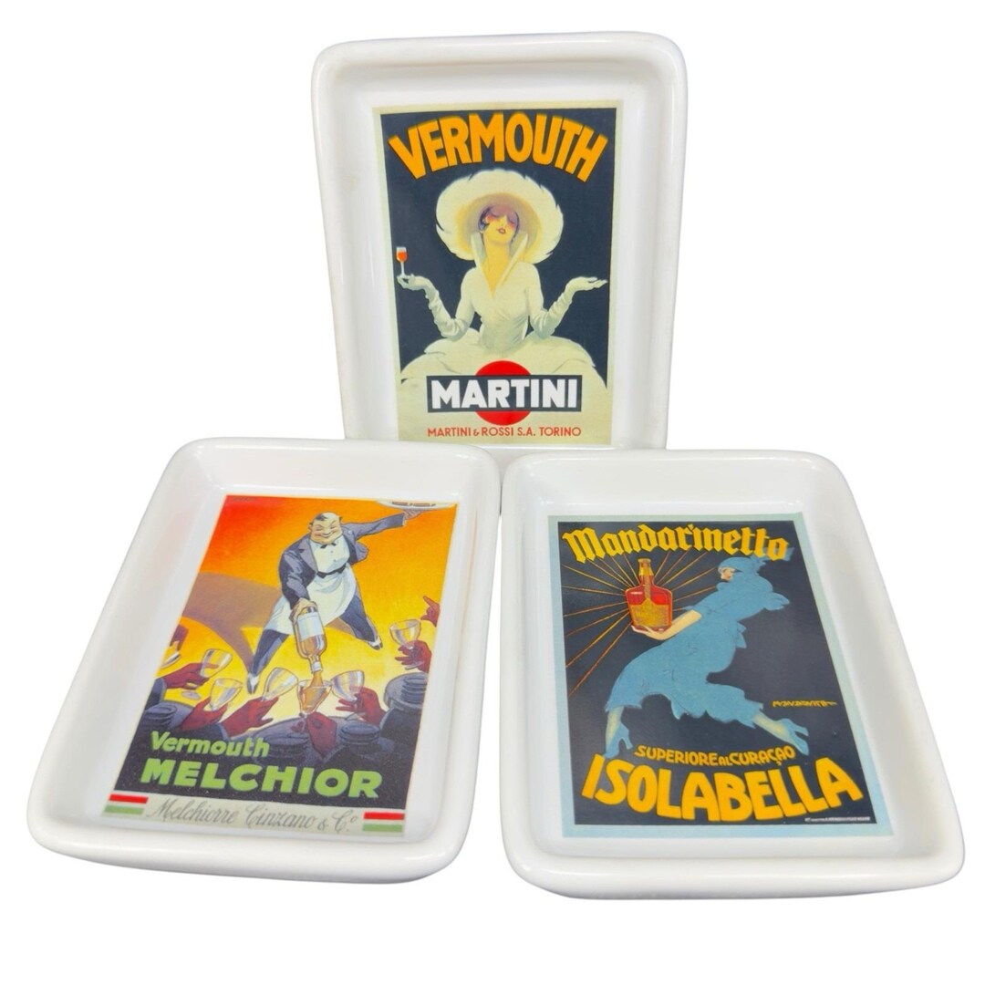 Pottery Barn Vintage Poster Dishes Set 3 Cocktail Appetizer Plates ...