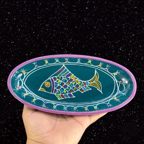 Le Souk Ceramique Fish Tunisia Pottery Elongated Dish Serving Bowl Ashtray