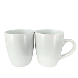 May include: Two white ceramic mugs. One mug has a rounded shape, while the other has a handle. Both mugs have a smooth, glossy finish and are set against a white background. The mugs are empty and ready for use.