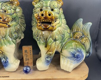 Okinawa Foo Dog Shisa Lion Dog Figurines Pair Japan Ceramic