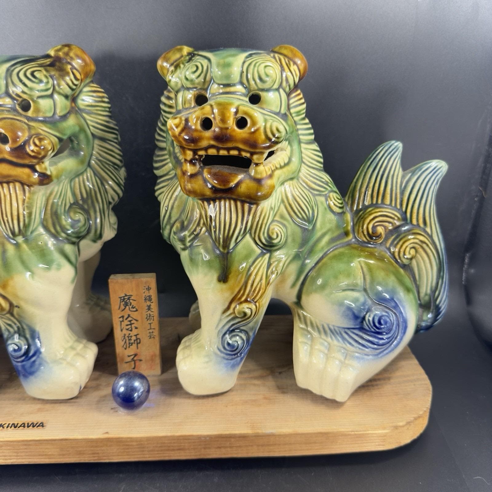 Okinawa Foo Dog Shisa Lion Dog Figurines Pair Japan Ceramic