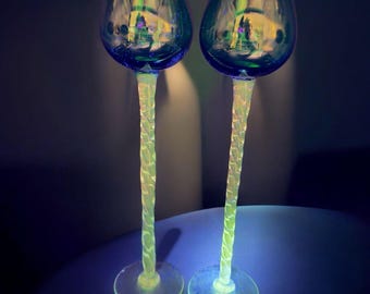 Italian Tall Clear Twisted Stem Votive Goblet Manganese 365nm UV Glow Green Top