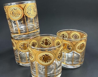 CERA 22K Gold Fruit Medallion Lowball Whiskey Glasses Set of 4 Rocks Barware