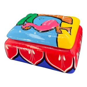 Mexican Ceramic Pottery Covered Trinket Dish Lid Hand Painted Flamingo Palm Tree