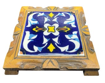 Orion Monterrey Mexico Wall Tile Trivet With Carved Wood Frame Holder Square