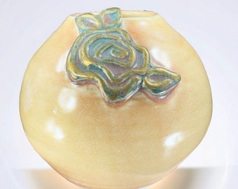 Hand Made Studio Art Pottery Round Bud Vase Artist Signed Yellow With Rose VTG