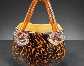 Italian Art Glass Purse Vase Vessel Tortoiseshell Leopard Print Amber Black 7in