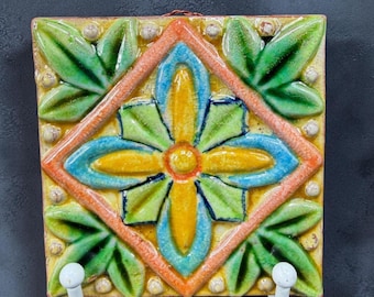 Vintage Moroccan Tile Pottery Floral Relief Wall Hanging 4inch Blue Green VTG