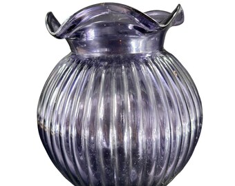 Jarrón de amatista violeta de vidrio soplado a mano con fondo redondo y borde ondulado en la parte superior estilo vintage