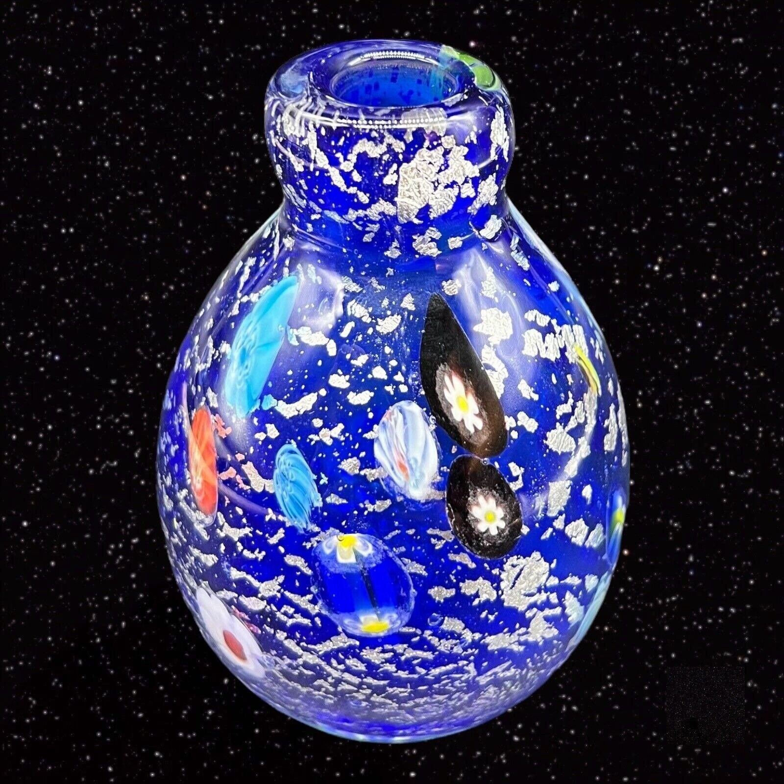 Murano Art Glass Perfume Bottle Cobalt Blue Silver Flecks Large