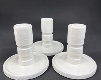 Pottery Barn White Glazed Terracotta Taper Candle Holders Set 3 Crackle Cecille
