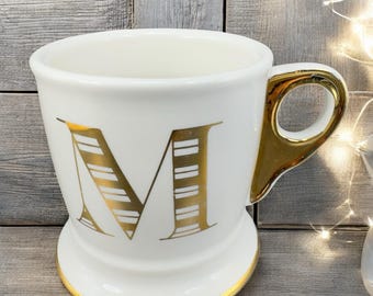 Anthropologie Monogram Cup Mug Initial Letter M Coffee Mug Cup Ceramic Gold Trim