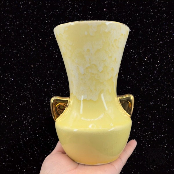 Mid Century Ceramic Vase Yellow With Gold Handles 23 K Gold USA MARKED Vase 7"T