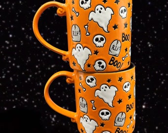 Eli + Ana Ceramic Orange Ghost Coffee Mug Halloween Ghost Ghoul 2 Set 4.25”T