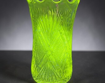 Antique Manganese UV Glow Glass Vase Scalloped Rim Diamond Fan Pattern PENNOVA