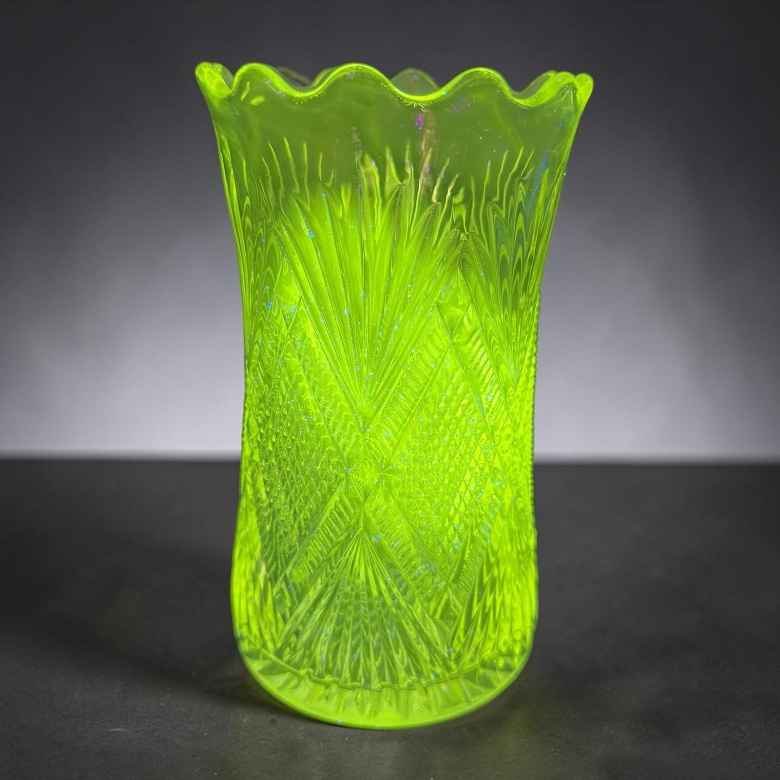 Antique Manganese UV Glow Glass Vase Scalloped Rim Diamond Fan Pattern PENNOVA