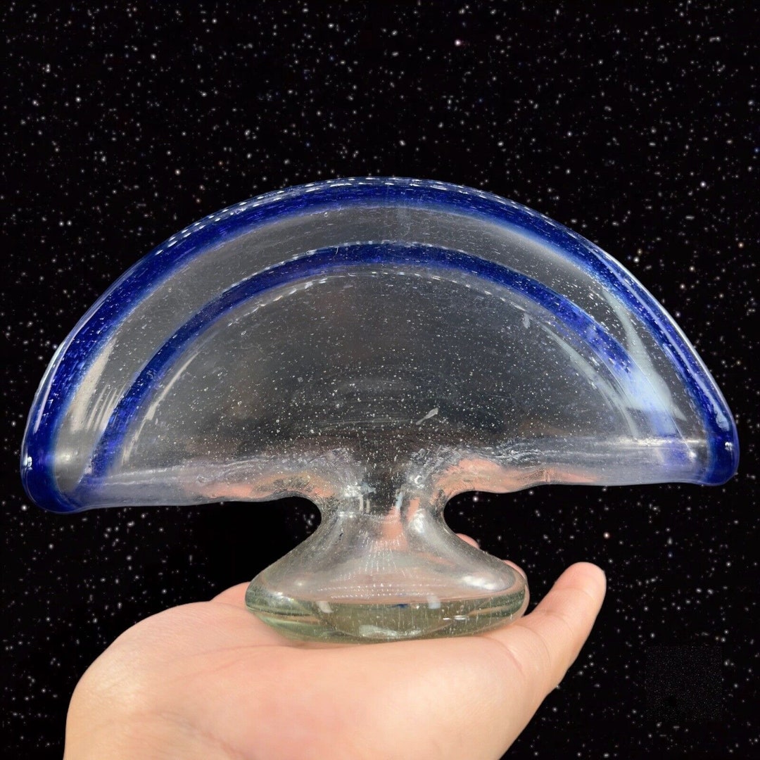 Hand Blown Art Glass Napkin Holder Cobalt Blue Edges Clear Glass Hand