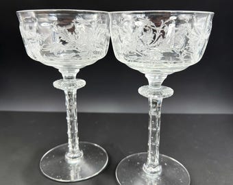 Vintage Tiffin Glass Cadena Etched Champagne Coupes 1930s Set of 2 Clear Glass