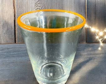 Hand Blown Glass Tumbler Cocktail Rocks Glass Cup Handmade Orange Rim Single Cup