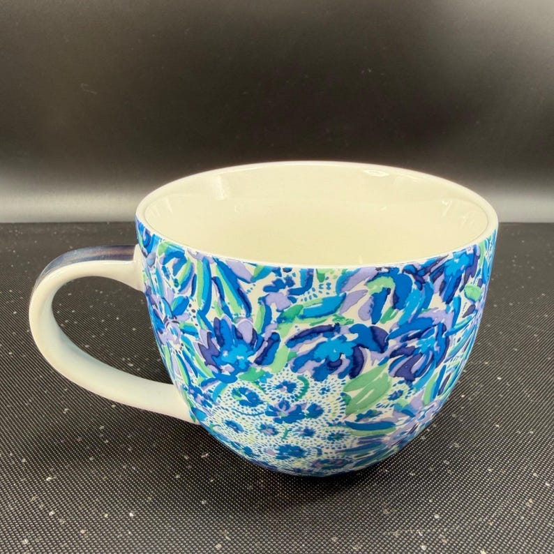 Lilly Pulitzer Blue Floral Ceramic Coffee Mug Cup Oversized Gold Accent Tea Cup image 11