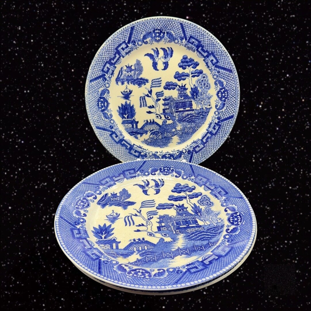 Vintage BLUE WILLOW Luncheon PLATE Set 3 Cobalt Blue Ceramic Japanese 9 ...